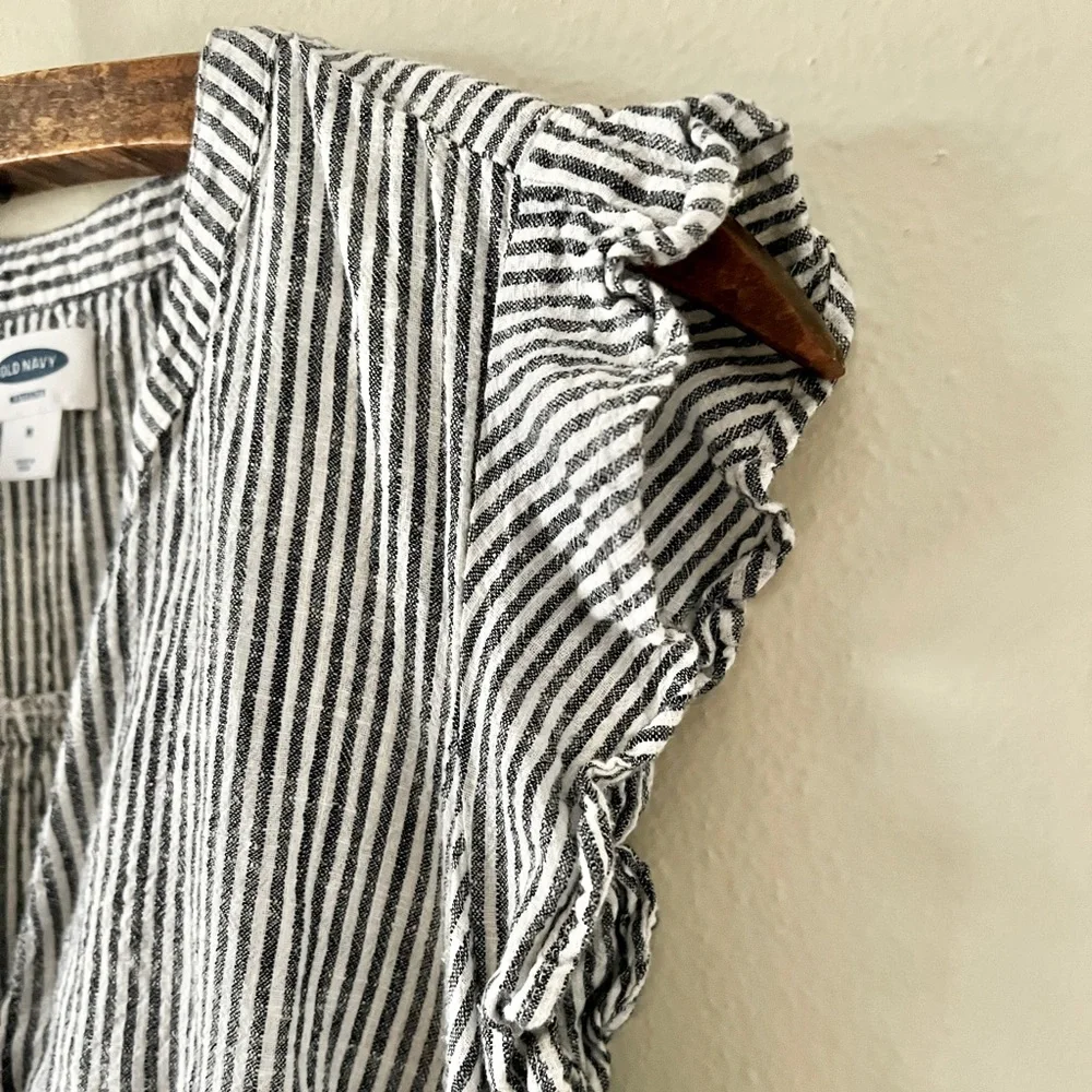 Dark Navy Pinstripe 100% Cotton Maternity Dress Costal Casual Ruffle Sleeve - Picture 6 of 9